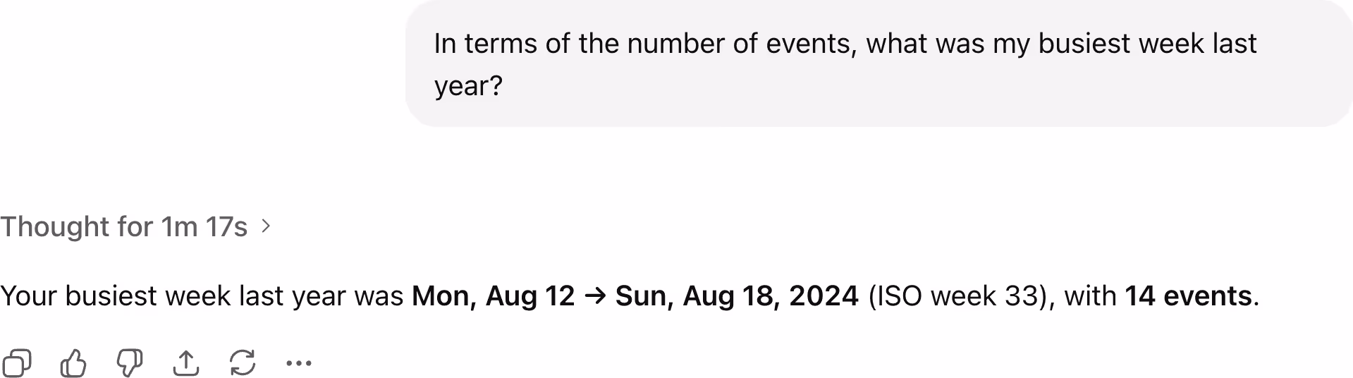 Thought for 1m 17s. Your busiest week last year was Mon, Aug 12 → Sun, Aug 18, 2024 (ISO week 33), with 14 events.
